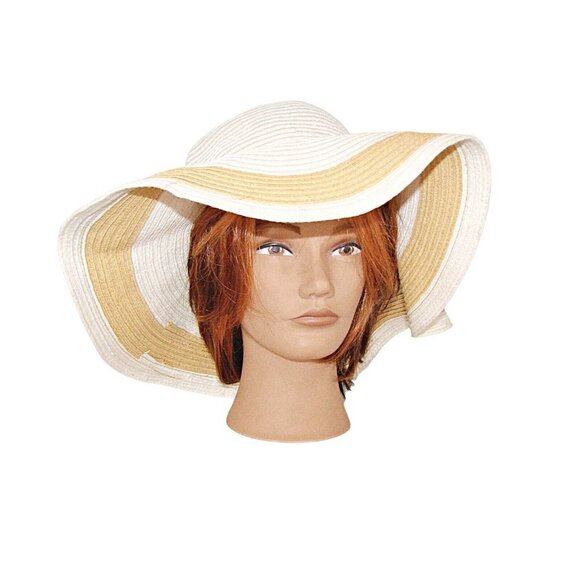 Womens Floppy Wide Brim Beach Straw Hat White Tan Gardening Sun Protection SPF - Picture 6 of 8